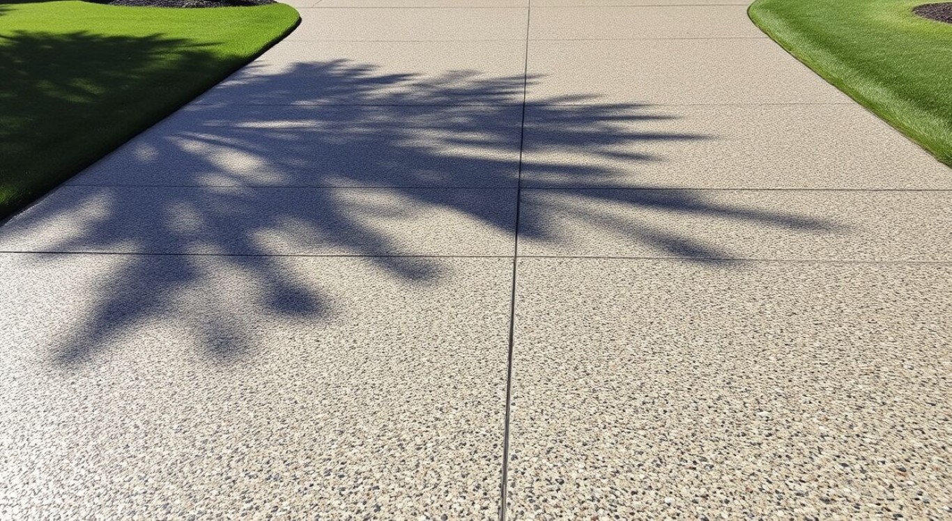 Smooth exposed aggregate concrete walkway with tree shadow patterns in Laredo, TX